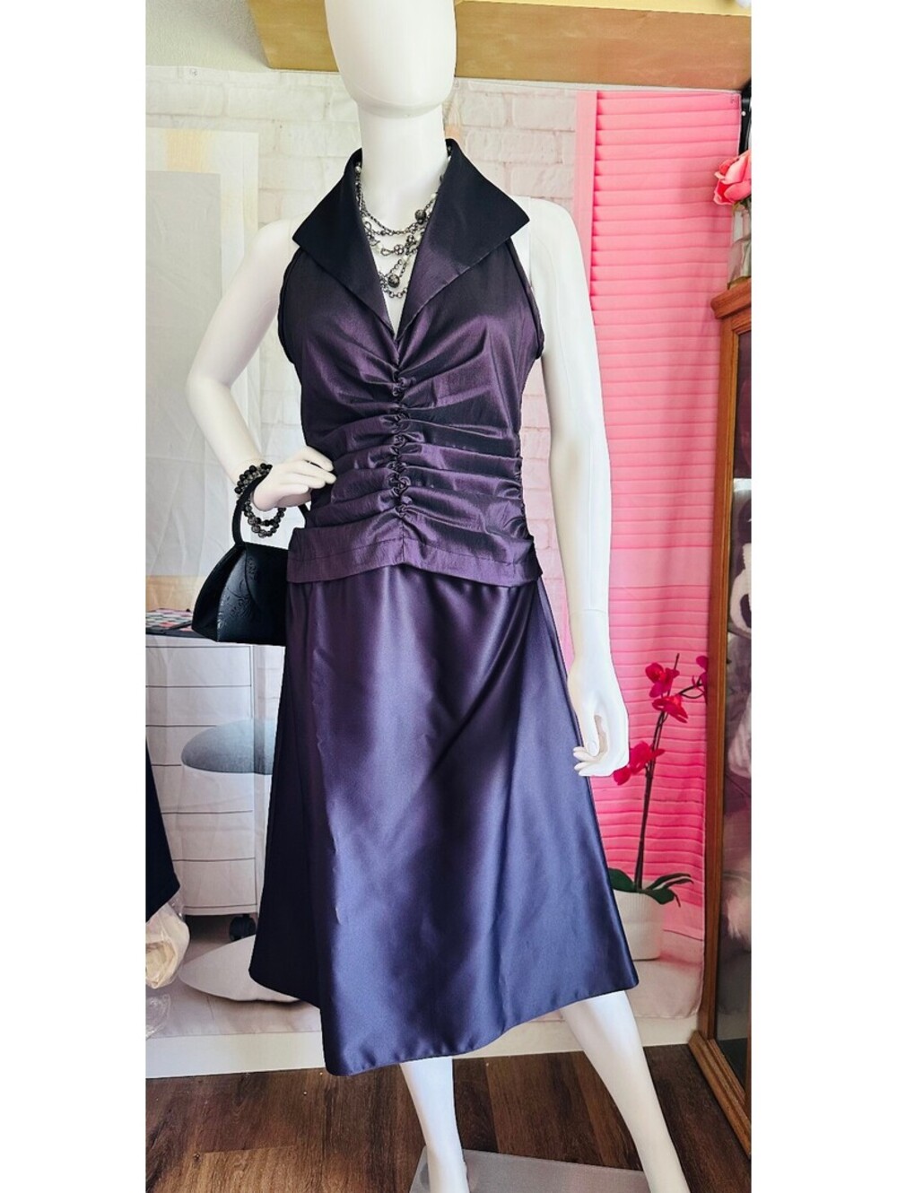 Tadashi Shoji Plum Ruched Halter Gown